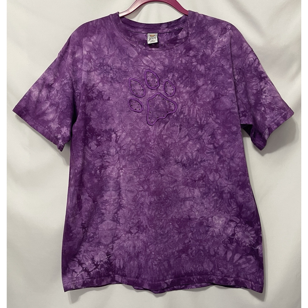 Sundog T-Shirt Unisex Large Purple Tie Dye Embroidered Rhinestone Paw Print